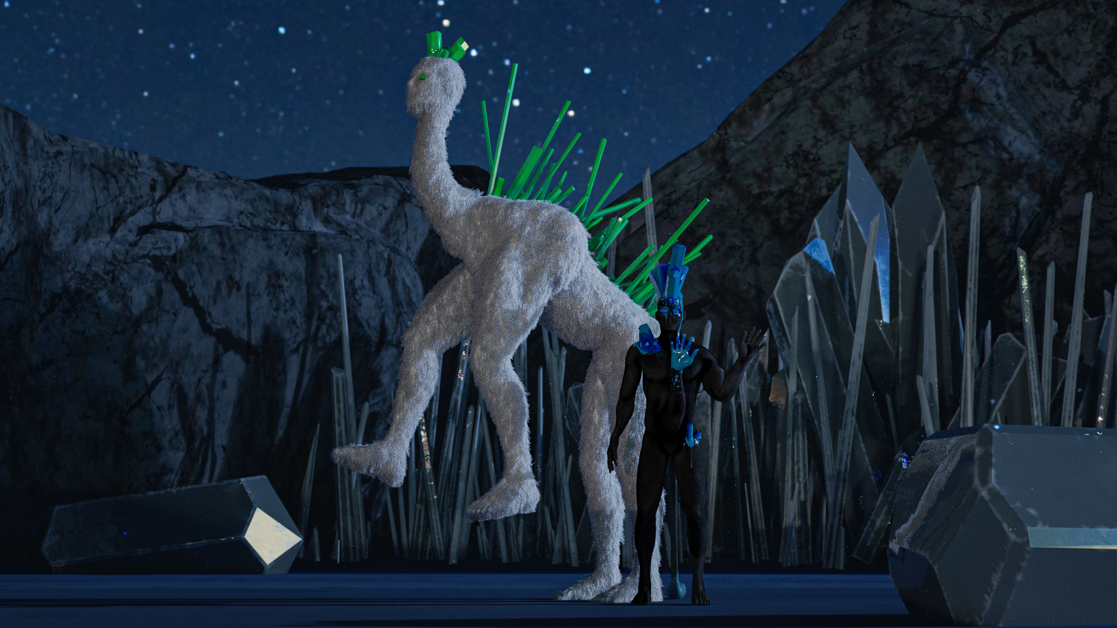 Grafische Darstellung zweier Avatare in der virtuellen Realität: Ein weißes Fellwesen auf vier Beinen und ein menschähnliches Wesen mit drei Armen und Schwanz