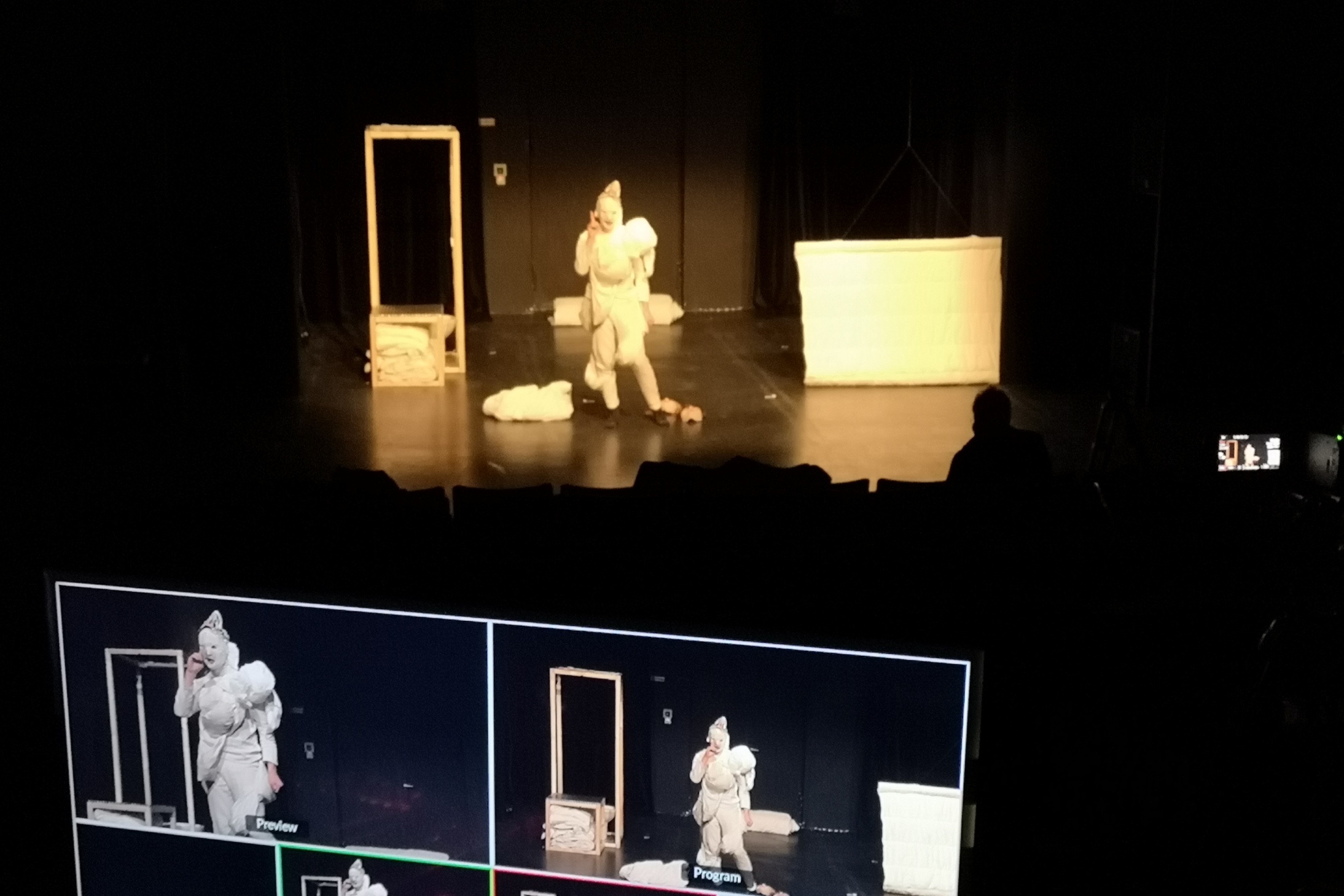 Bildschirm mit verschiednenen Frames, die das zeigen, was weiter hinten auf der Bühne zu sehen ist: Eine Figur in weißem Kostüm, daneben zwei eckige Gegenstände auf der Bühne.