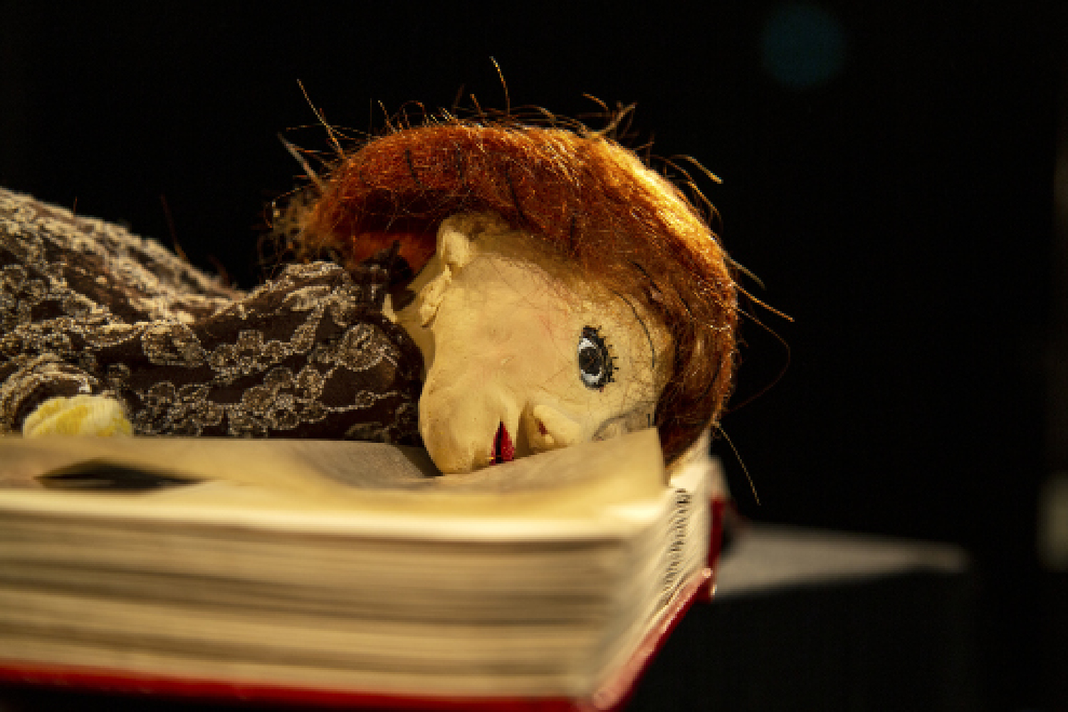 Abgebildet ist eine weibliche Handpuppe mit weißem Gesicht und roten Haaren, die sich vornüber auf die Seiten eines geöffneten Buchs legt.