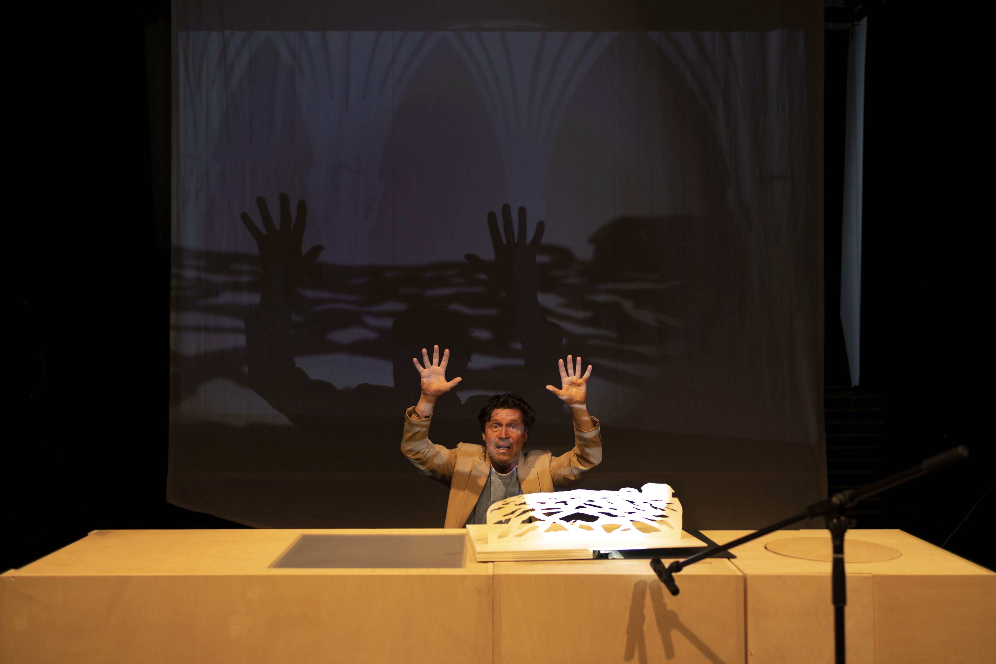 Auf der Bühne steht ein Tisch, auf dem ein Muster aus Papier angeleuchtet wird. Im Hintergrund erscheint dessen Schatten als Meer auf einer Projektionswand. Davor ist ein Schauspieler mit erhobenen Händen abgebildet. Es wirkt, als ob er im Wasser versinkt.
