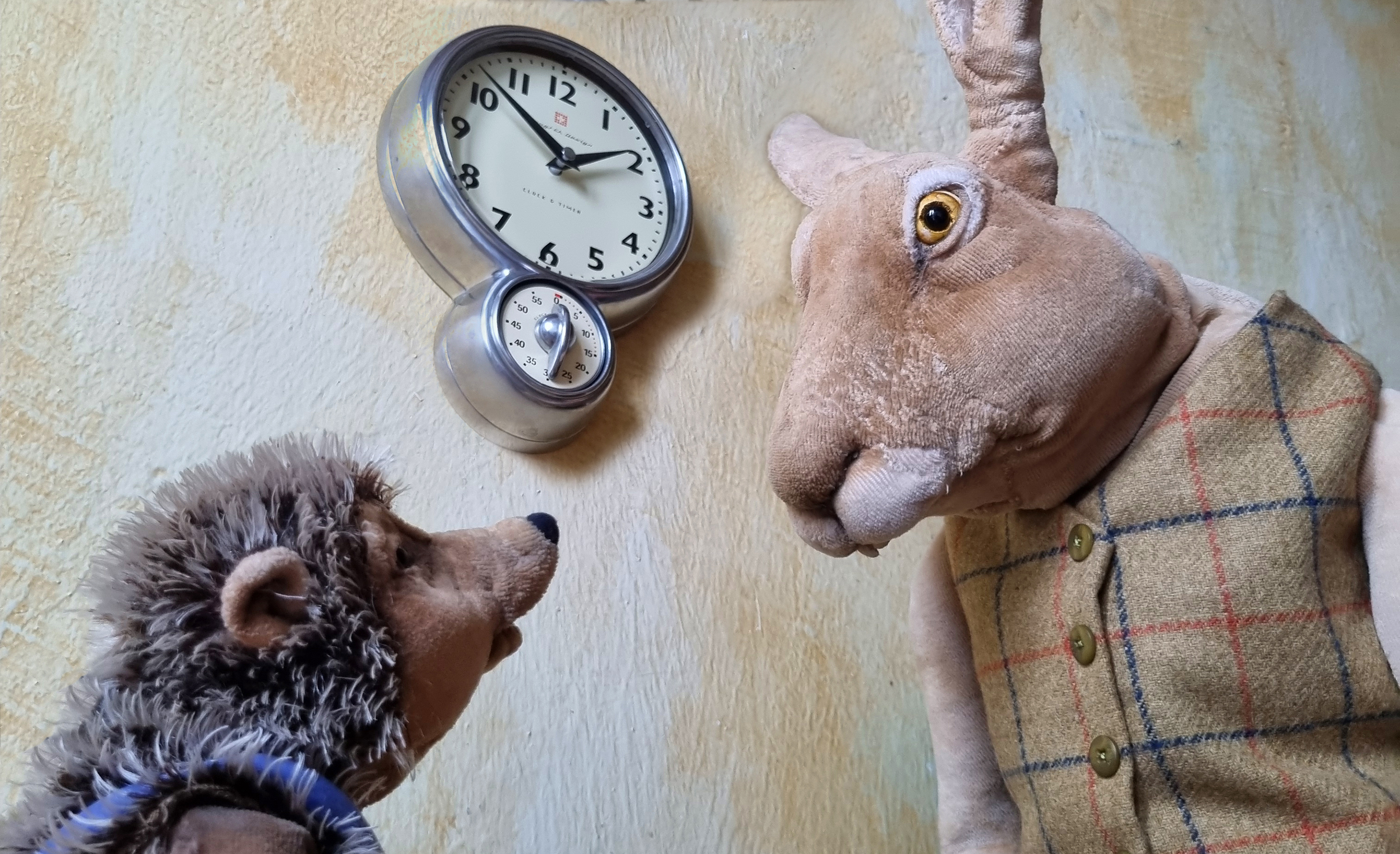The play dolls of a rabbit and a hedgehog look at each other. Both are made of soft fabric and wear human clothes. A wall clock hangs in the background.