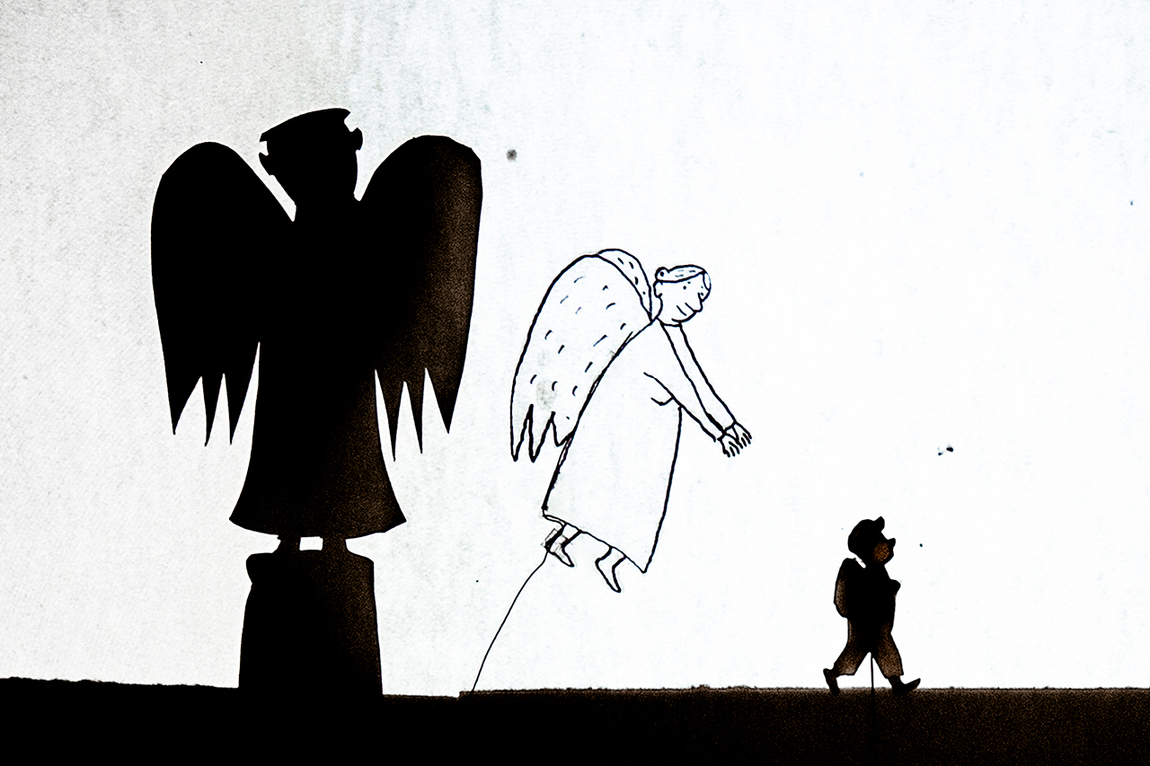 Grafik auf weißem Untergrund: abgebildet ist der Schattenriss eines kleinen Jungen mit Schulranzen; hinter ihm schwebt ein Engel