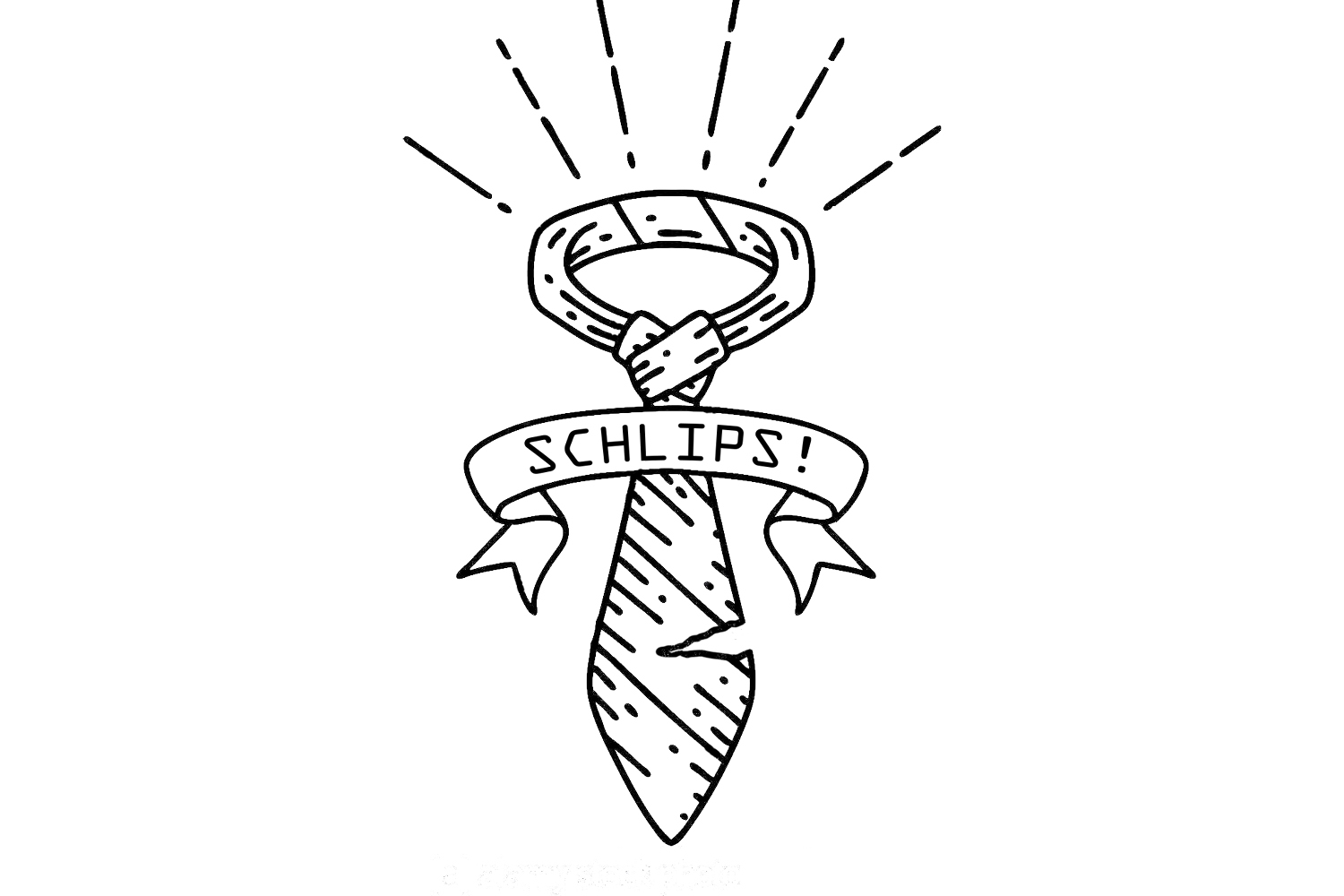 Grafische Darstellung einer leicht beschädigten Krawatte, über die eine Banderole mit der Aufschrift SCHLIPS! gezeichnet wurde.