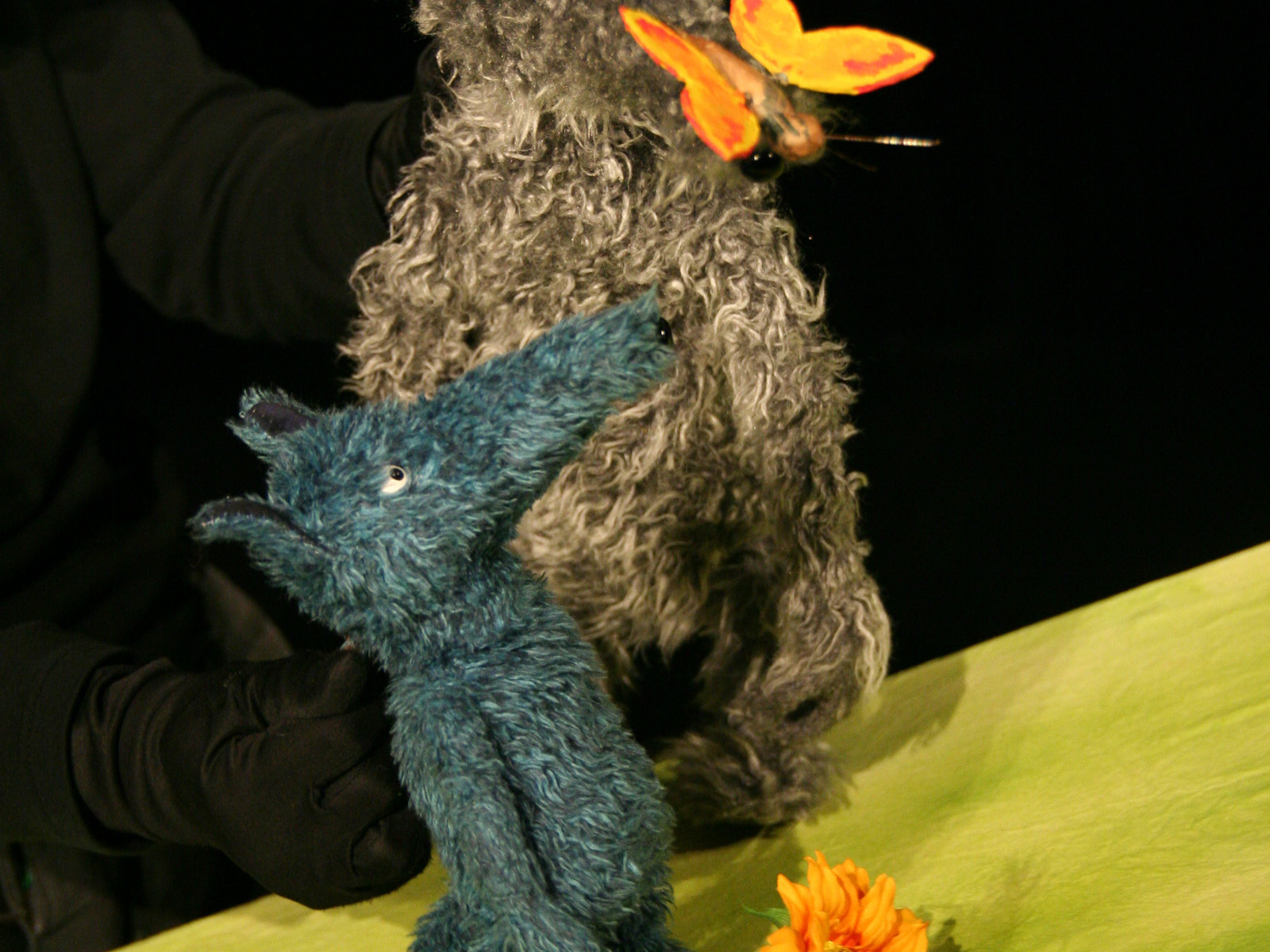 Der kuschelige blaue Wolf betrachtet einen vor ihm flatternden Schmetterling, während er auf einer grünen Stoffwiese mit orangener, vielblättriger Blume sitzt.