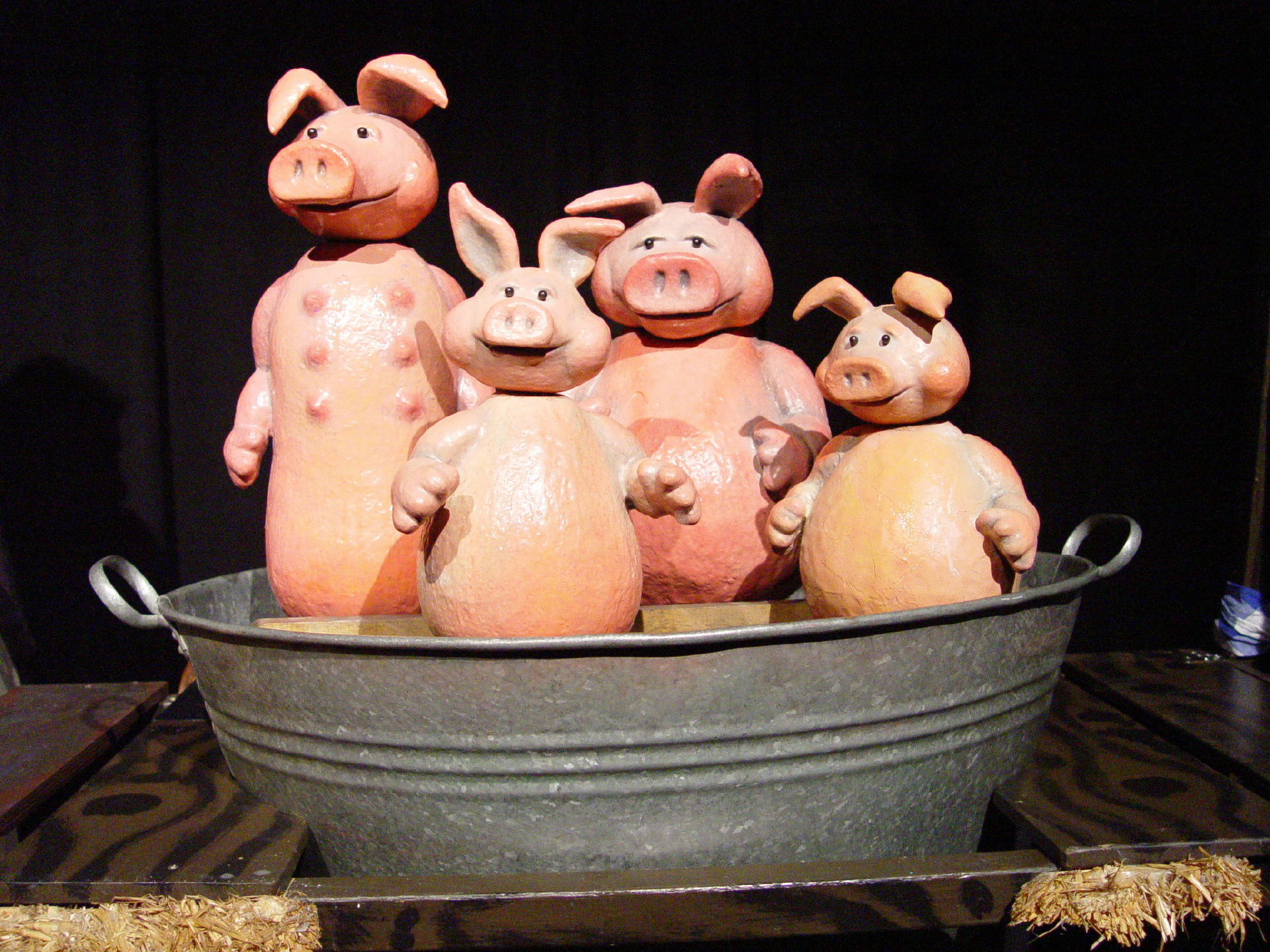 Vier kleine Schweinchen in einer Blechwanne.