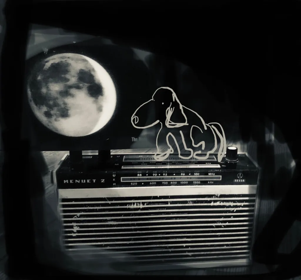 Ein grob gezeichneter Hund sitzt auf einem alten Radio, rechts im Bild ist ein Foto vom Mond.
