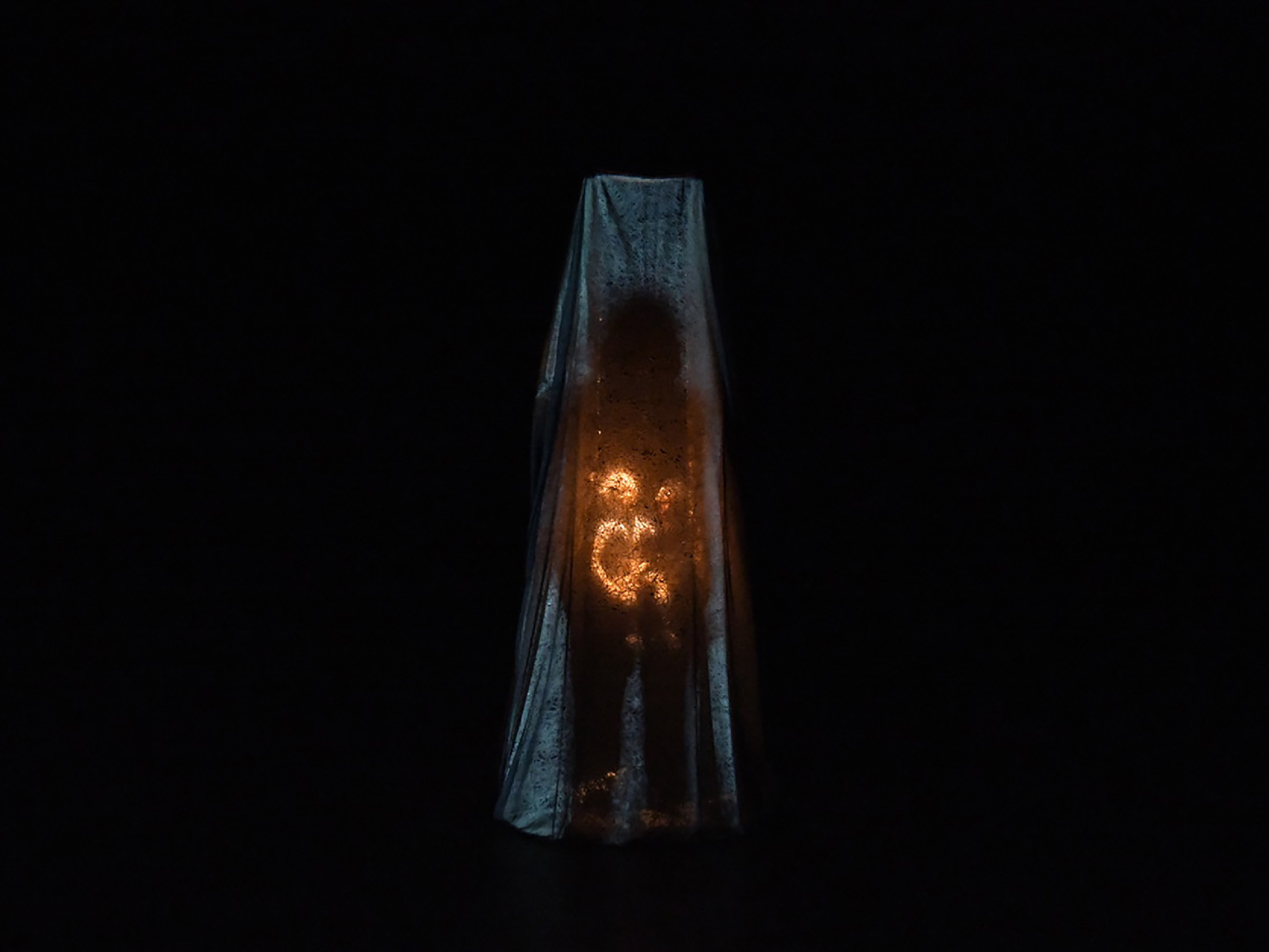 Behind a curtain stands a dark, human shadow with a small doll in its abdominal region illuminated and shining brightly through the curtain. No details are visible through the coarse fabric of the curtain.