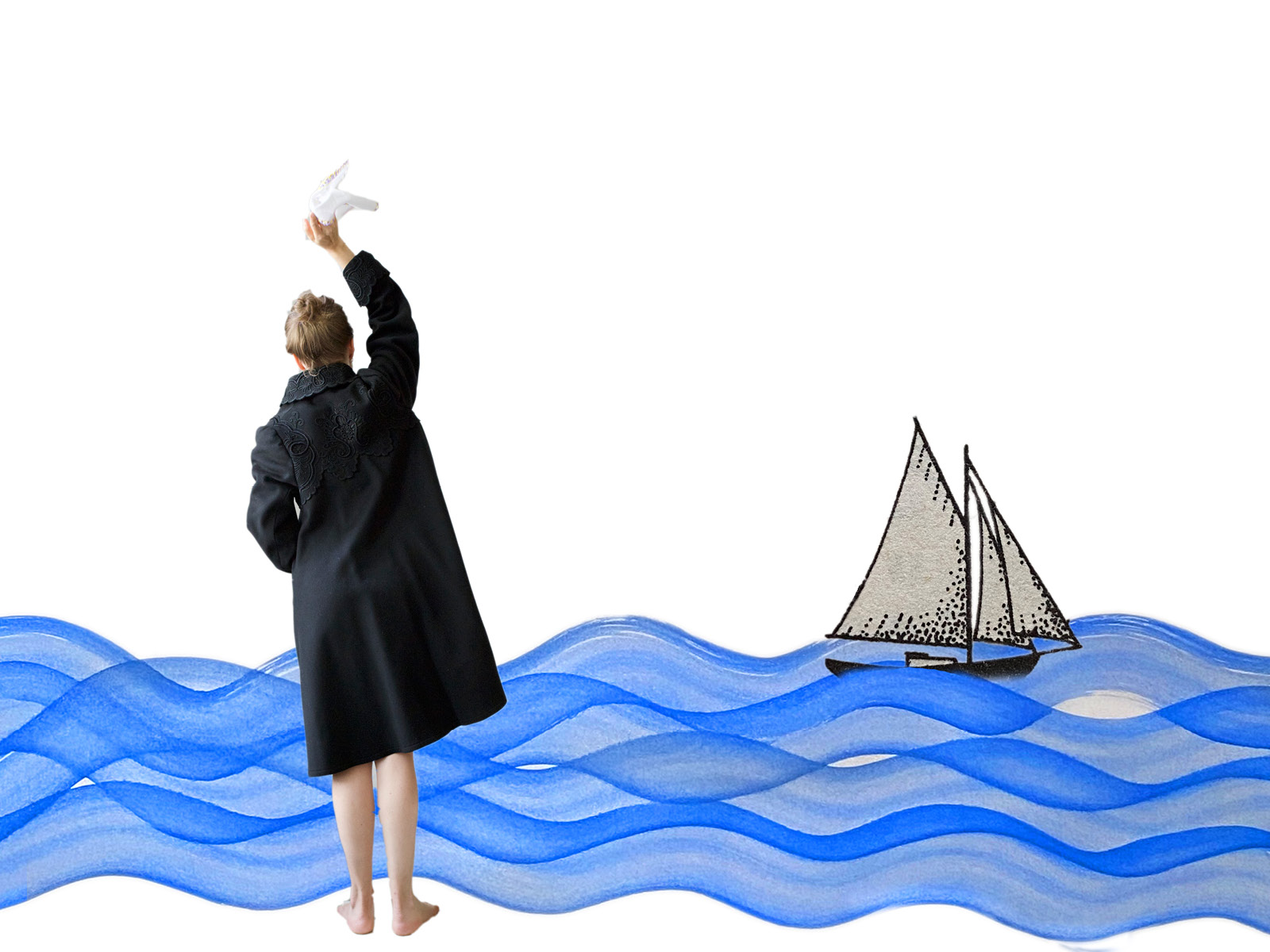 Eine Frau in einem schwarzen Mantel winkt mit einem Taschentuch einem Segelboot, inmitten eines gezeichneten Wellenmeeres.