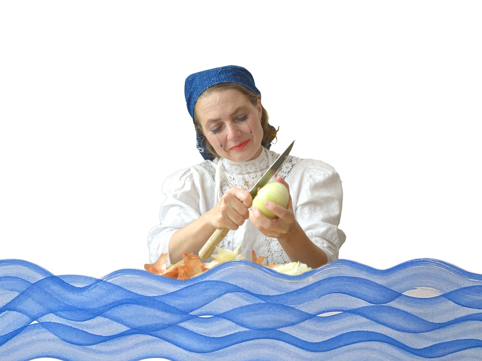 Eine Frau mit Kopftuch sitzt hinter gezeichneten Wellen und schneidet heulend Zwiebeln.