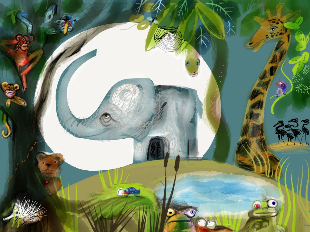 Collage mit einem Elefanten im Dschungel