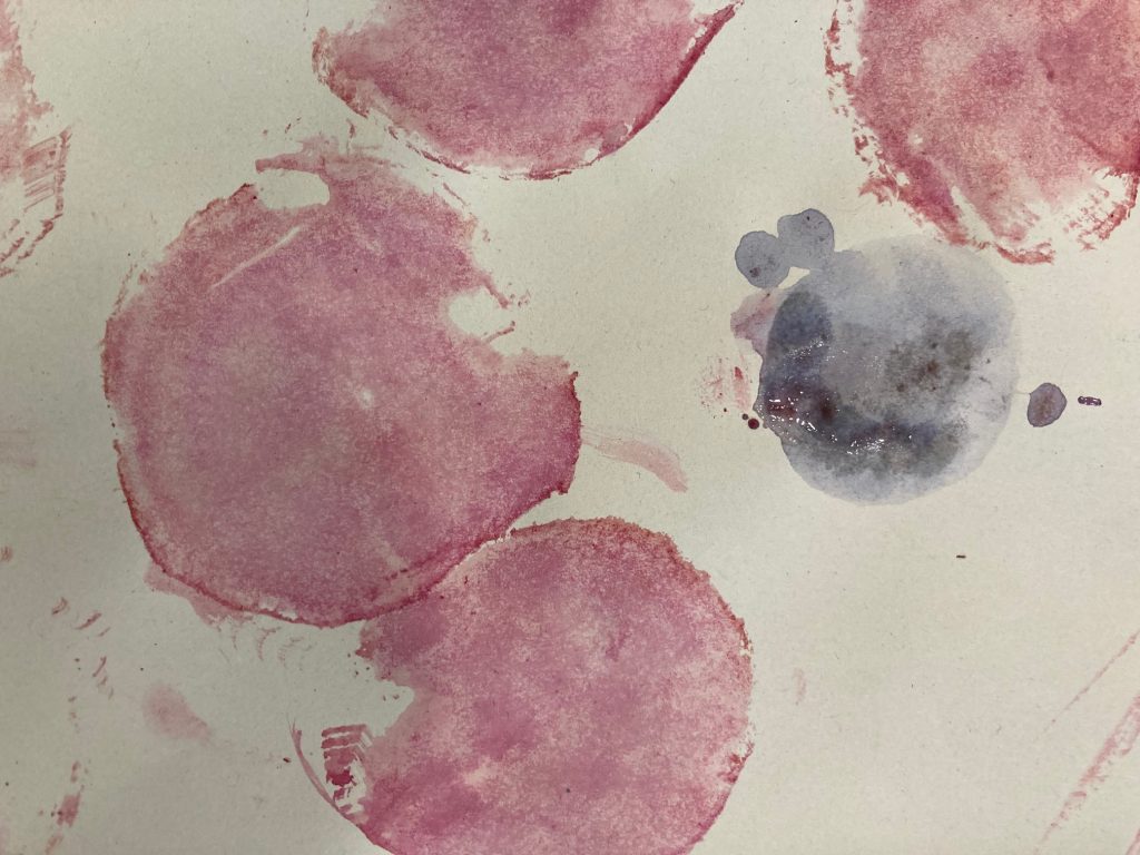 auf einem hellen Blatt sind rosa und graue unregelmäßige Kreise gedruckt. Sie stammen von frisch geschnittener rote Beete