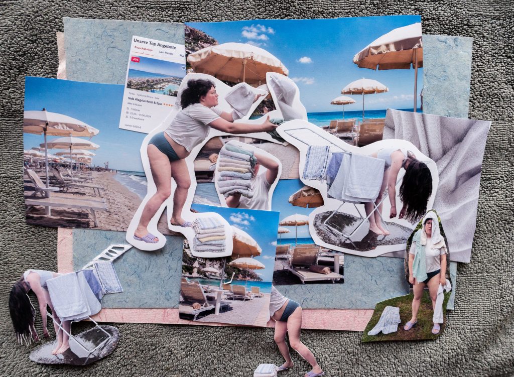 Collage made from cut-out photographs of human bodies, beach scenes, and everyday objects. The assembled image creates a surreal composition set against a background of sea and sky.