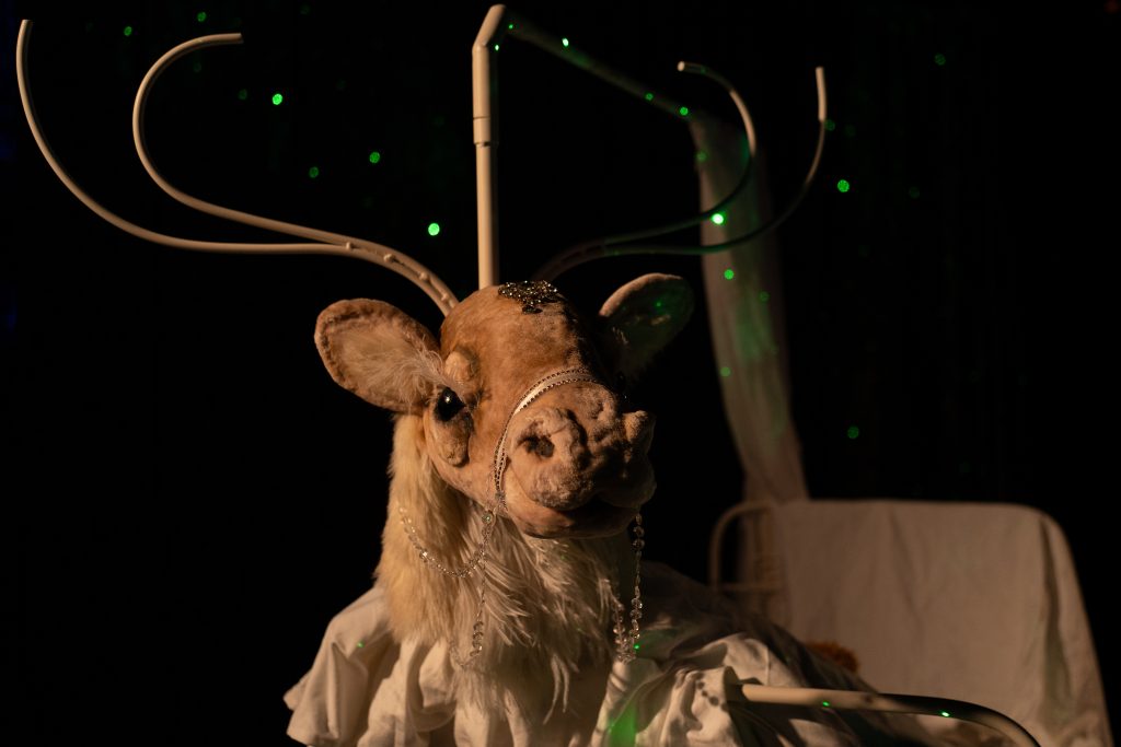 A deer puppet with light-colored fur and large antlers stands against a dark background. The puppet is dressed with white fabric elements and sparkling decorative details. Green points of light and a white bed frame or piece of furniture are visible in the background.
