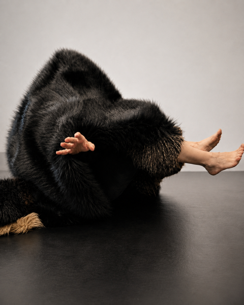 An artistic photograph shows a large black fur-covered form resting on a dark floor against a plain light-gray background. Human limbs emerge from the fur structure, including a hand reaching outward and two bare legs extending to the side. The contrast between the soft, dense fur and the exposed limbs creates a striking sculptural composition. Studio lighting highlights the texture of the fur and the minimalist setting, emphasizing the artwork’s unusual and surreal appearance.