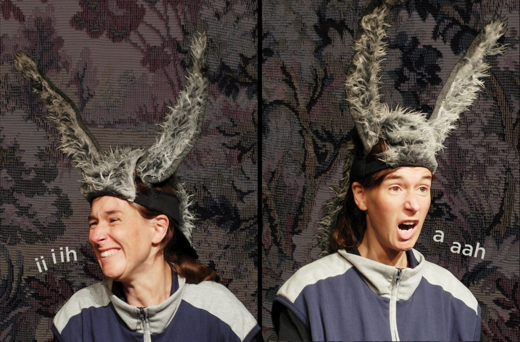 Two side-by-side photographs show a person in costume against a dark stage backdrop. The person wears a headpiece with light feather-like elements and is shown in portrait view. The two images depict different head positions within the same stage scene.