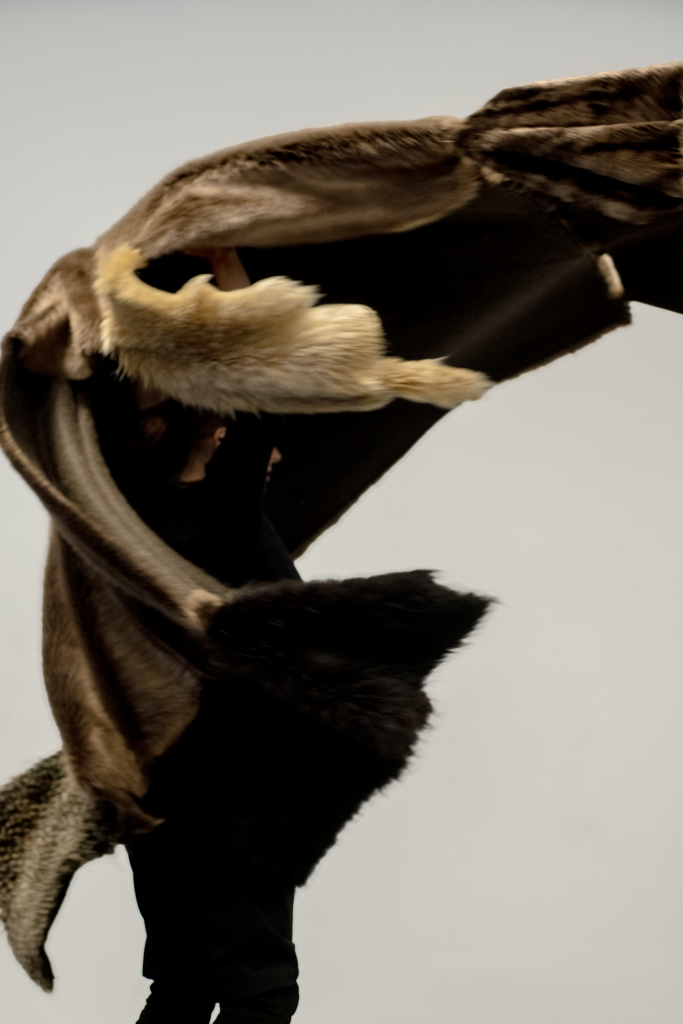 Brown fabric with frayed edges partially wrapped around a black, fur-covered form. The close-up image against a light background emphasizes the folds of the cloth and the contrasting textures of the materials.